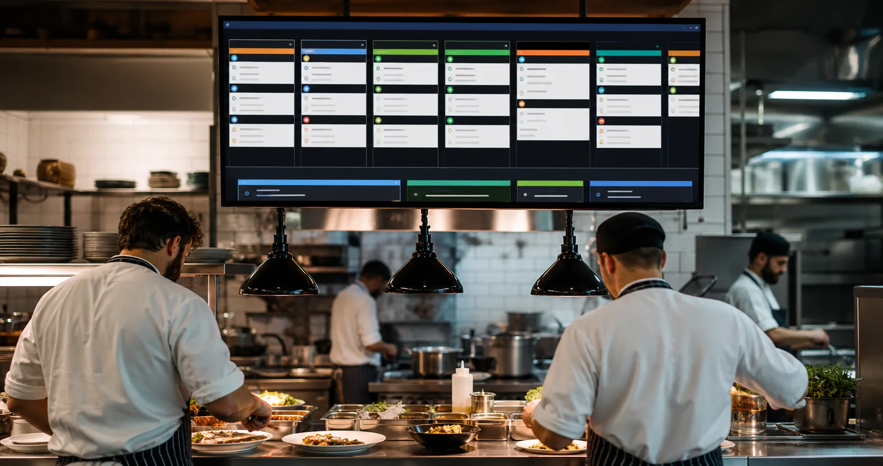 Kitchen monitor Scidoo per comande e produzione cucina Kitchen monitor Scidoo in cucina professionale con ordini e stati di preparazione