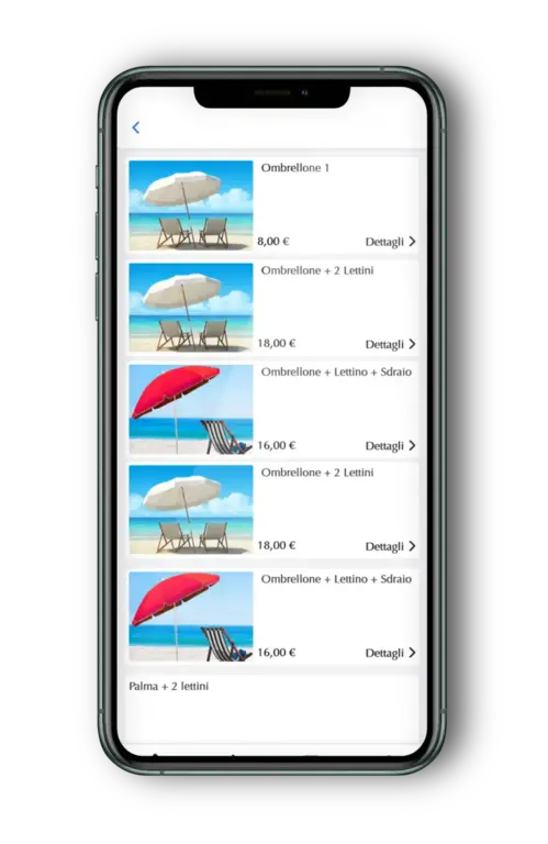 Menu prenotazione online ombrelloni e lettini